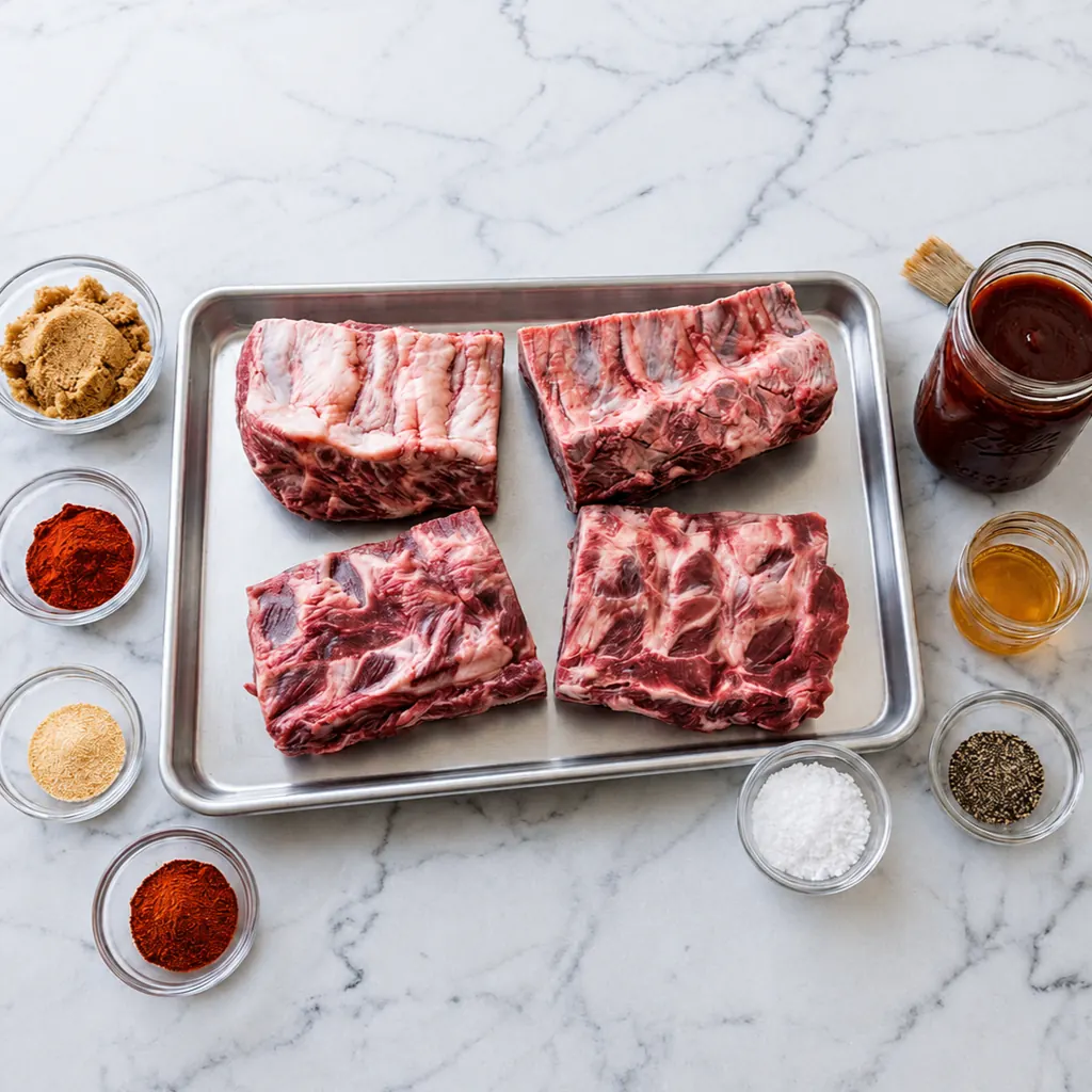 Overhead view of raw beef back ribs Recipe on a metal baking sheet, surrounded by bowls of dry rub spices, brown sugar, salt, barbecue sauce, and honey on a marble countertop.