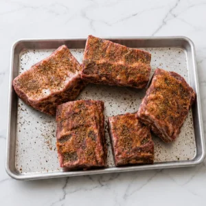 raw beef back Ribs portions coated with dry rub seasoning, arranged on a metal baking sheet over a white marble surface before smoking or grilling.