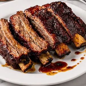 cooked tender Grilled Beef Back Ribs Recipe with dark caramelized glaze, sliced into individual bones and served on a white platter with dripped barbecue sauce.