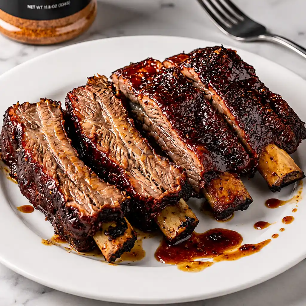 cooked tender Grilled Beef Back Ribs Recipe with dark caramelized glaze, sliced into individual bones and served on a white platter with dripped barbecue sauce.