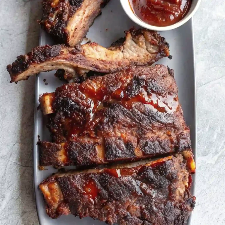 This image features a plate of barbecued beef back ribs, glistening with a rich, dark sauce. The ribs are cut into several sections and arranged on a simple gray platter. A small white bowl of extra barbecue sauce is positioned at the top right of the plate. The ribs have a deeply browned and caramelized exterior from the cooking process, and the meat appears tender and well-cooked.
