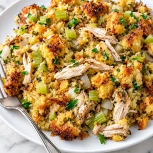 chicken and dressing recipe A white plate filled with chicken and sauce, mixed with shredded chicken, golden cornbread, diced celery, onions, and fresh parsley garnish, served on a marble surface.