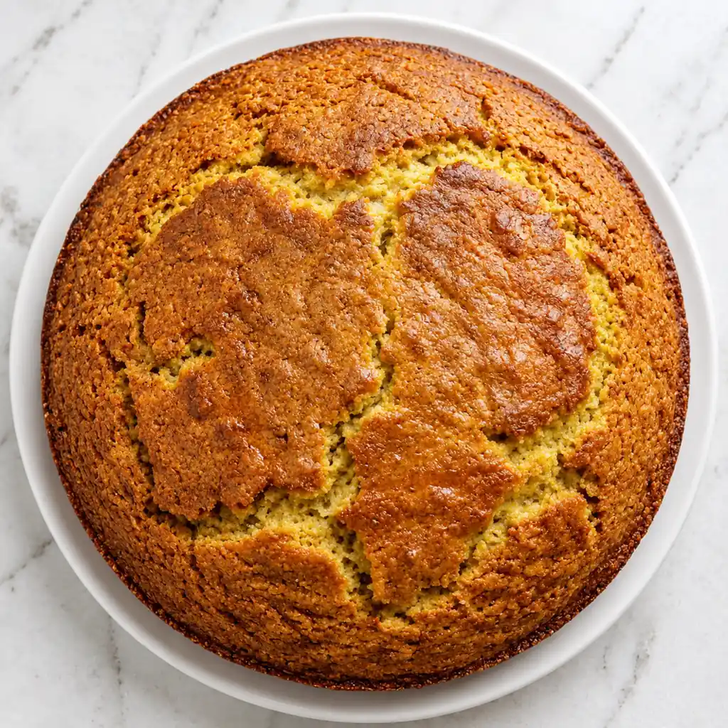 Top-down view of a freshly baked, golden-brown round loaf of cornbread with a cracked crust, served on a white plate over a marble countertop.