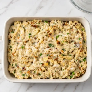 Top-down view of unbaked chicken and dressing mixture with herbs and cornbread in a white rectangular baking dish on a marble countertop.