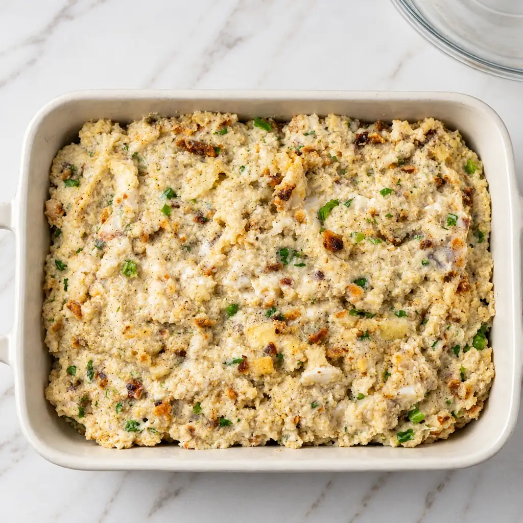 Top-down view of unbaked chicken and dressing mixture with herbs and cornbread in a white rectangular baking dish on a marble countertop.