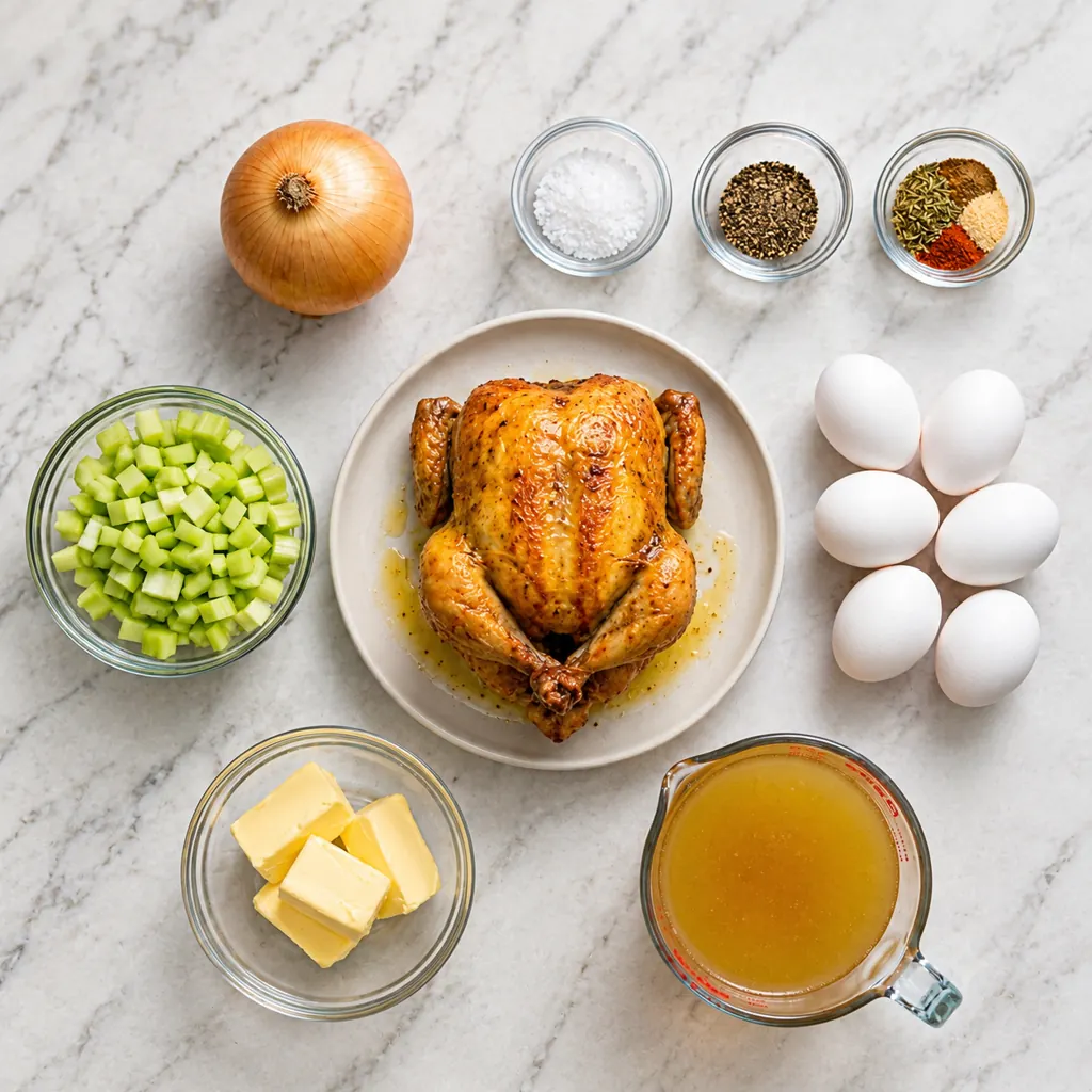 Top-down view of ingredients for chicken and dressing recipe: a roasted chicken, eggs, broth, butter, chopped celery, an onion, and small bowls of spices on marble.