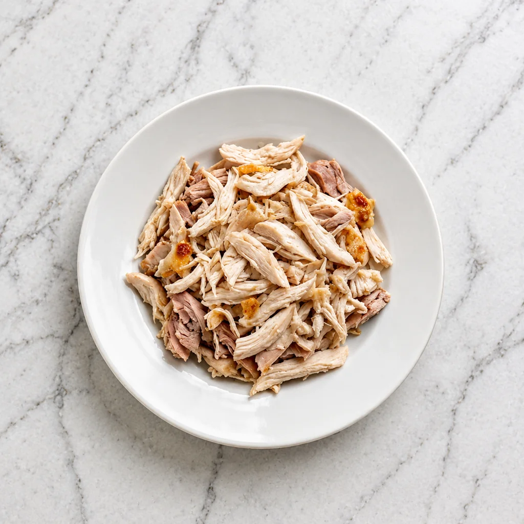 Top-down view of a pile of shredded cooked chicken served on a plain white plate against a light marble countertop background.