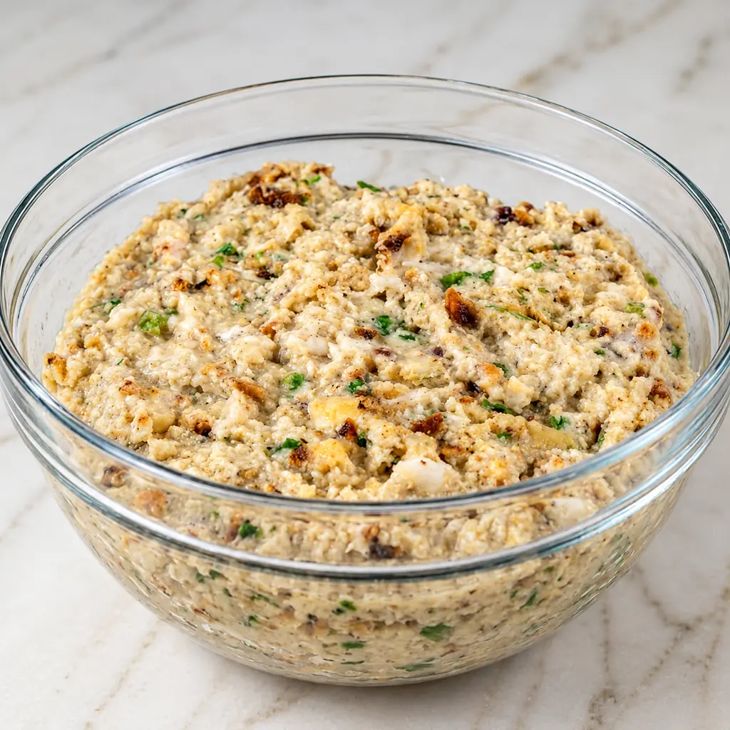 A large clear glass mixing bowl filled to the top with mixed chicken and dressing batter, sitting on a light marble countertop.