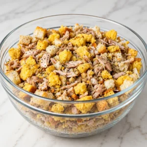 A large clear glass bowl filled with crumbled cornbread cubes, white bread pieces, and shredded chicken seasoned with black pepper, placed on a marble surface.