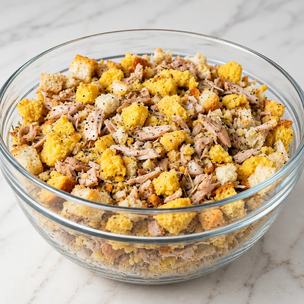A large clear glass bowl filled with crumbled cornbread cubes, white bread pieces, and shredded chicken seasoned with black pepper, placed on a marble surface.
