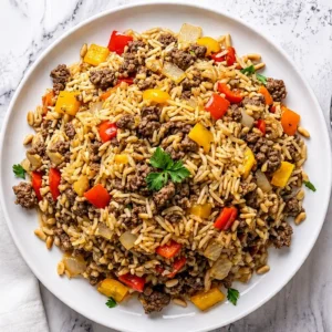 serving Ground Turkey and Rice Recipes piled high with cooked ground turkey, rice, colorful diced bell peppers, pine nuts, and fresh parsley garnish on marble.