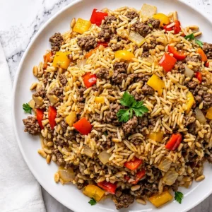 serving Ground Turkey and Rice Recipes piled high with cooked ground turkey, rice, colorful diced bell peppers, pine nuts, and fresh parsley garnish on marble.