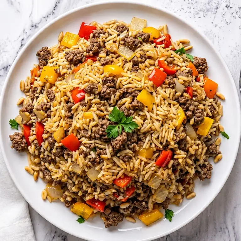 serving Ground Turkey and Rice Recipes piled high with cooked ground turkey, rice, colorful diced bell peppers, pine nuts, and fresh parsley garnish on marble.