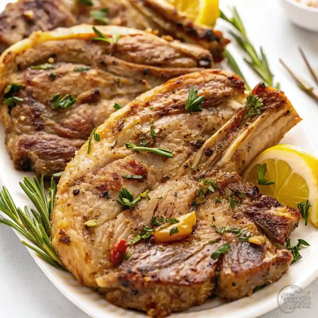 This image showcases a beautifully cooked Lamb Shoulder Chops dish, featuring tender cuts of meat paired with roasted vegetables and garnished with fresh herbs.