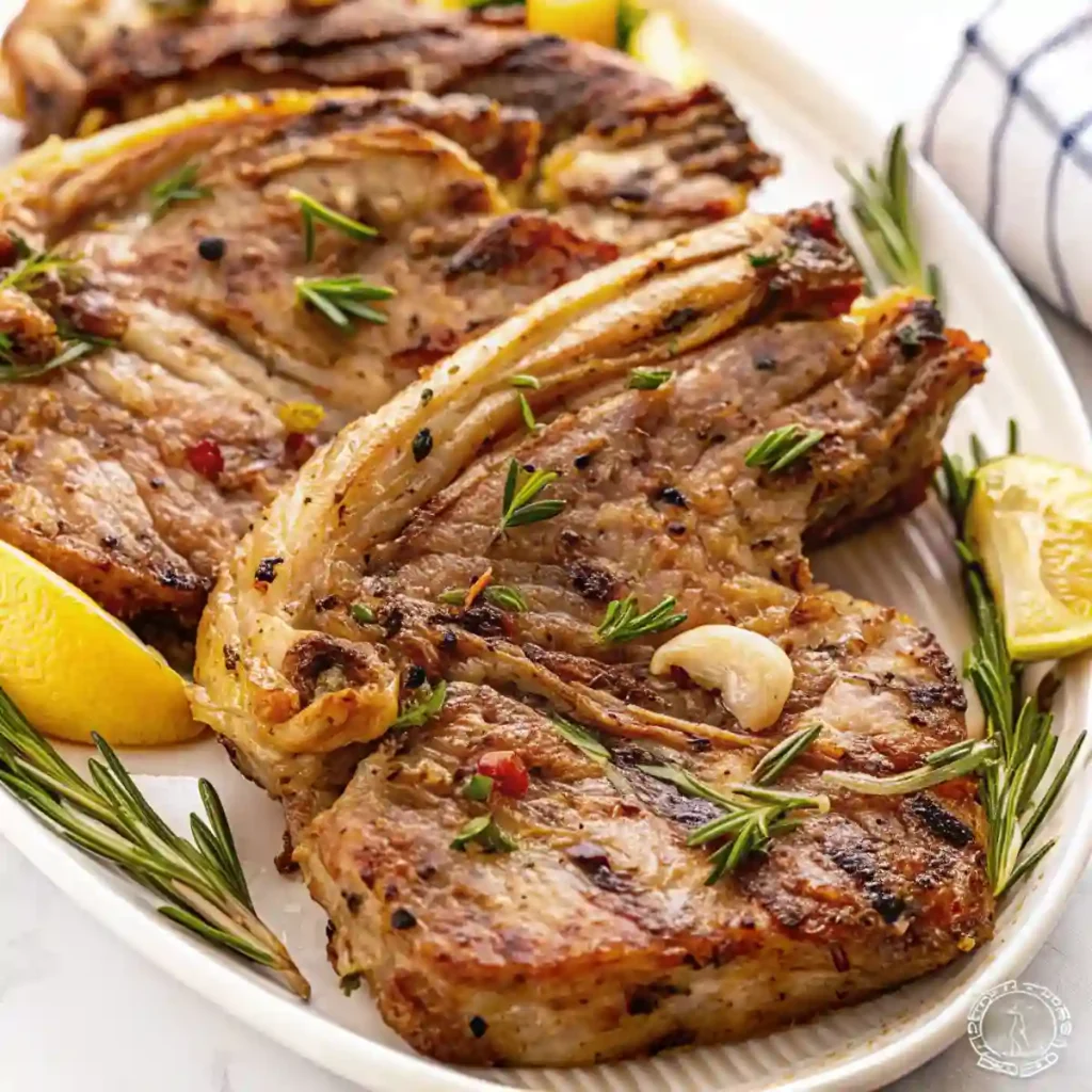 This image showcases a beautifully cooked lamb dish, featuring tender cuts of meat paired with roasted vegetables and garnished with fresh herbs.