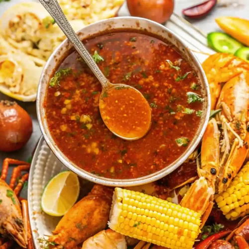 How to Make Seafood Boil Sauce recipe. In the center is a large bowl filled with a rich, buttery, spicy sauce made with unsalted butter, fresh minced garlic, Old Bay seasoning, Cajun seasoning, smoked paprika, hot peppers, lemon juice, and Worcestershire sauce. The sauce is a bright orange-red color, speckled with pieces of garlic and fresh herbs, and radiates warmth and depth of flavor.