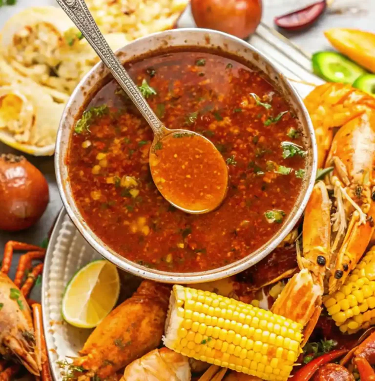 How to Make Seafood Boil Sauce recipe. In the center is a large bowl filled with a rich, buttery, spicy sauce made with unsalted butter, fresh minced garlic, Old Bay seasoning, Cajun seasoning, smoked paprika, hot peppers, lemon juice, and Worcestershire sauce. The sauce is a bright orange-red color, speckled with pieces of garlic and fresh herbs, and radiates warmth and depth of flavor.