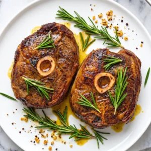 Two pan-seared bone-in lamb shoulder chops served on a white plate, garnished with fresh rosemary sprigs, cracked black pepper, minced garlic, and drizzle of pan juices.
