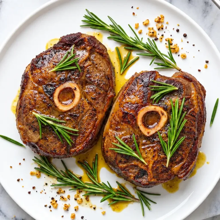 Two pan-seared bone-in lamb shoulder chops served on a white plate, garnished with fresh rosemary sprigs, cracked black pepper, minced garlic, and drizzle of pan juices.