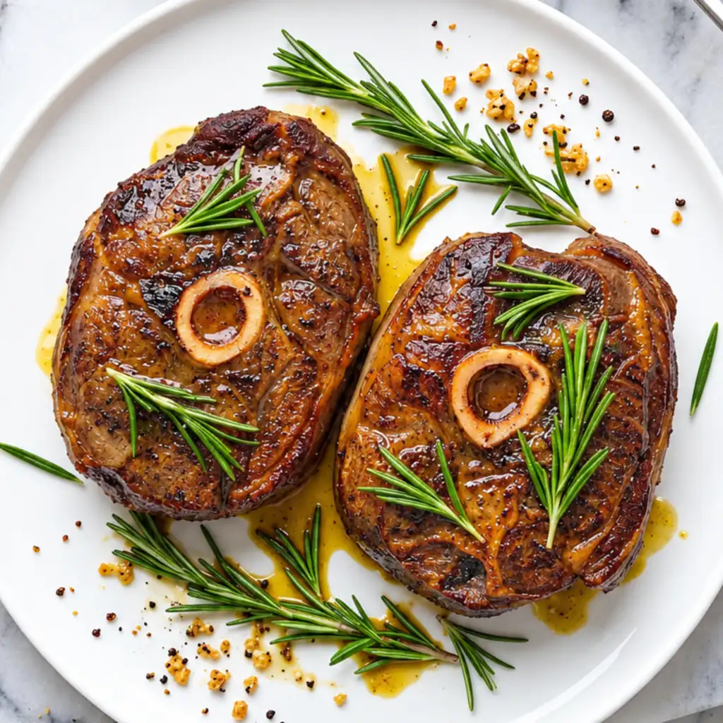 Two pan-seared bone-in lamb shoulder chops served on a white plate, garnished with fresh rosemary sprigs, cracked black pepper, minced garlic, and drizzle of pan juices.