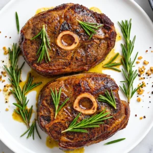 Two pan-seared bone-in lamb shoulder chops served on a white plate, garnished with fresh rosemary sprigs, cracked black pepper, minced garlic, and drizzle of pan juices.