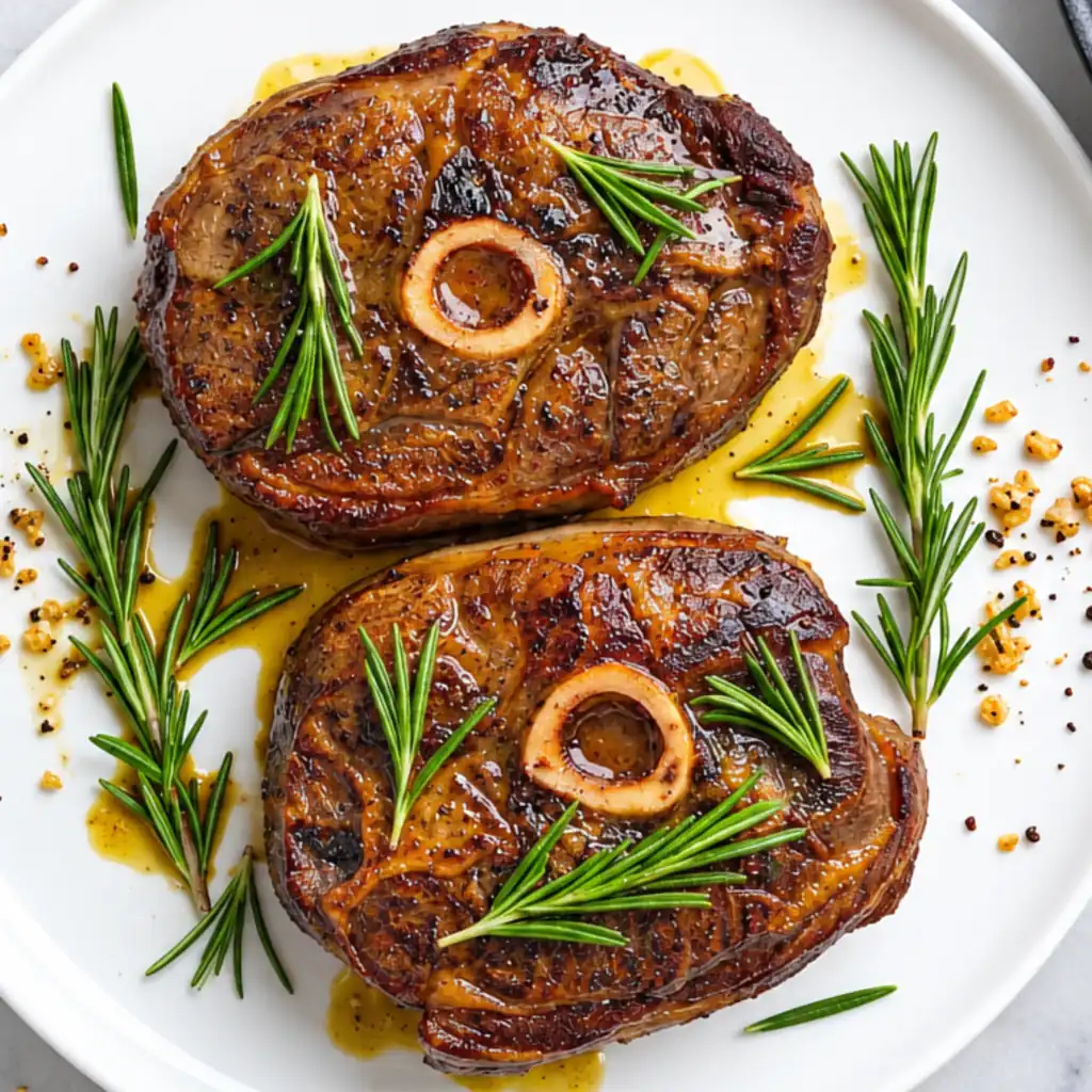 Two pan-seared bone-in lamb shoulder chops served on a white plate, garnished with fresh rosemary sprigs, cracked black pepper, minced garlic, and drizzle of pan juices.