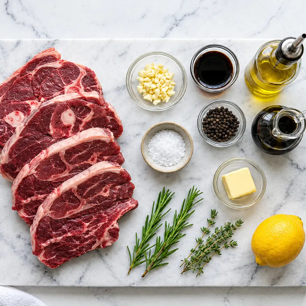 Four raw lamb shoulder chops arranged on marble with minced garlic, olive oil, soy sauce, black peppercorns, coarse salt, butter, fresh rosemary, thyme, and a whole lemon.
