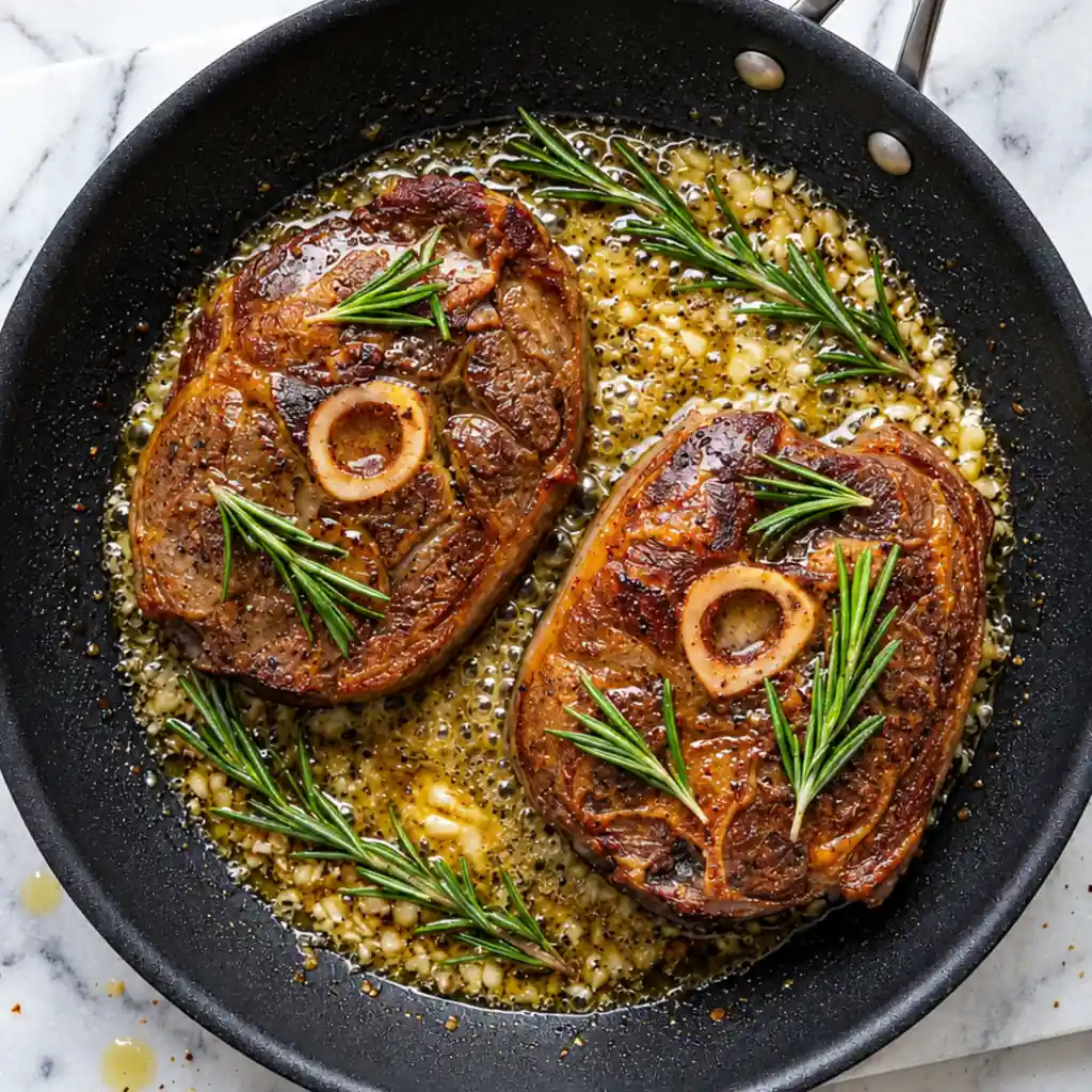 Two bone-in lamb shoulder chops searing in a black skillet, basted in bubbling garlic butter and topped with fresh rosemary sprigs.
