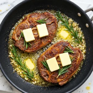 Two bone-in lamb shoulder chops cooking in a skillet, topped with pat butter slices and fresh rosemary sprigs, surrounded garlic butter.