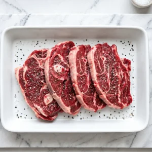 Four raw, bone-in lamb shoulder chops seasoned with coarse salt and cracked black pepper, neatly arranged in a white rectangular baking dish on a marble surface.