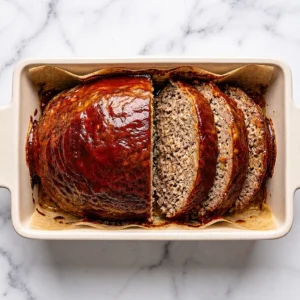 Slices cut from a baked onion soup mix meatloaf with a glossy tomato glaze, revealing the juicy ground beef texture inside the parchment-lined ceramic baking dish.