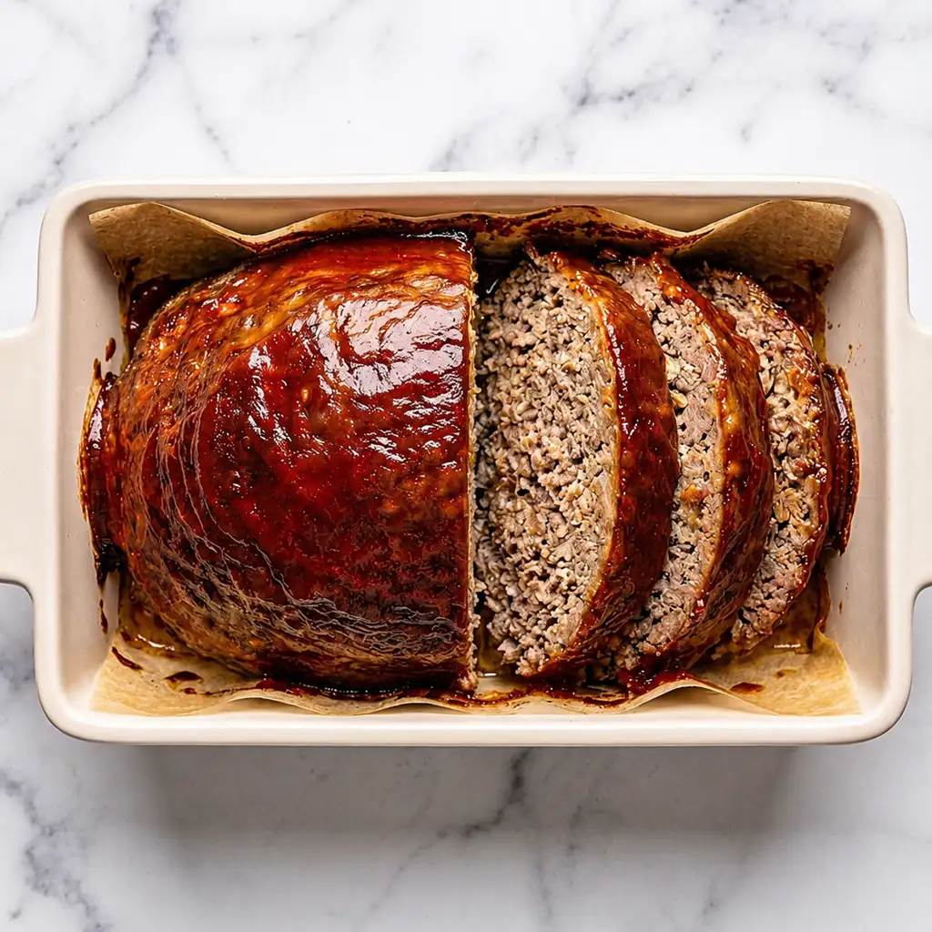 Slices cut from a baked onion soup mix meatloaf with a glossy tomato glaze, revealing the juicy ground beef texture inside the parchment-lined ceramic baking dish.