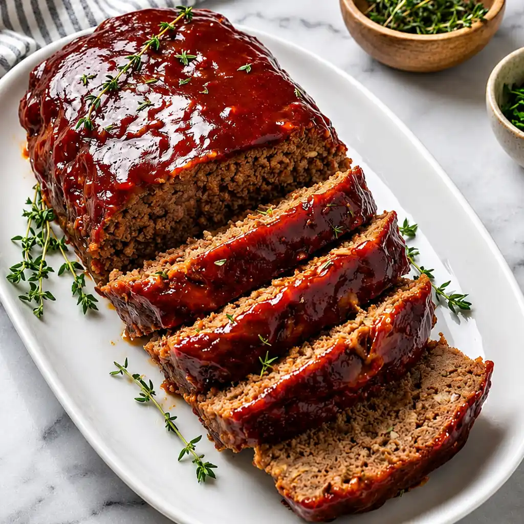 Slices of savory Meatloaf Recipe with Onion Soup Mix topped with a thick tomato glaze, served on a white platter garnished with fresh thyme sprigs on a marble counter.