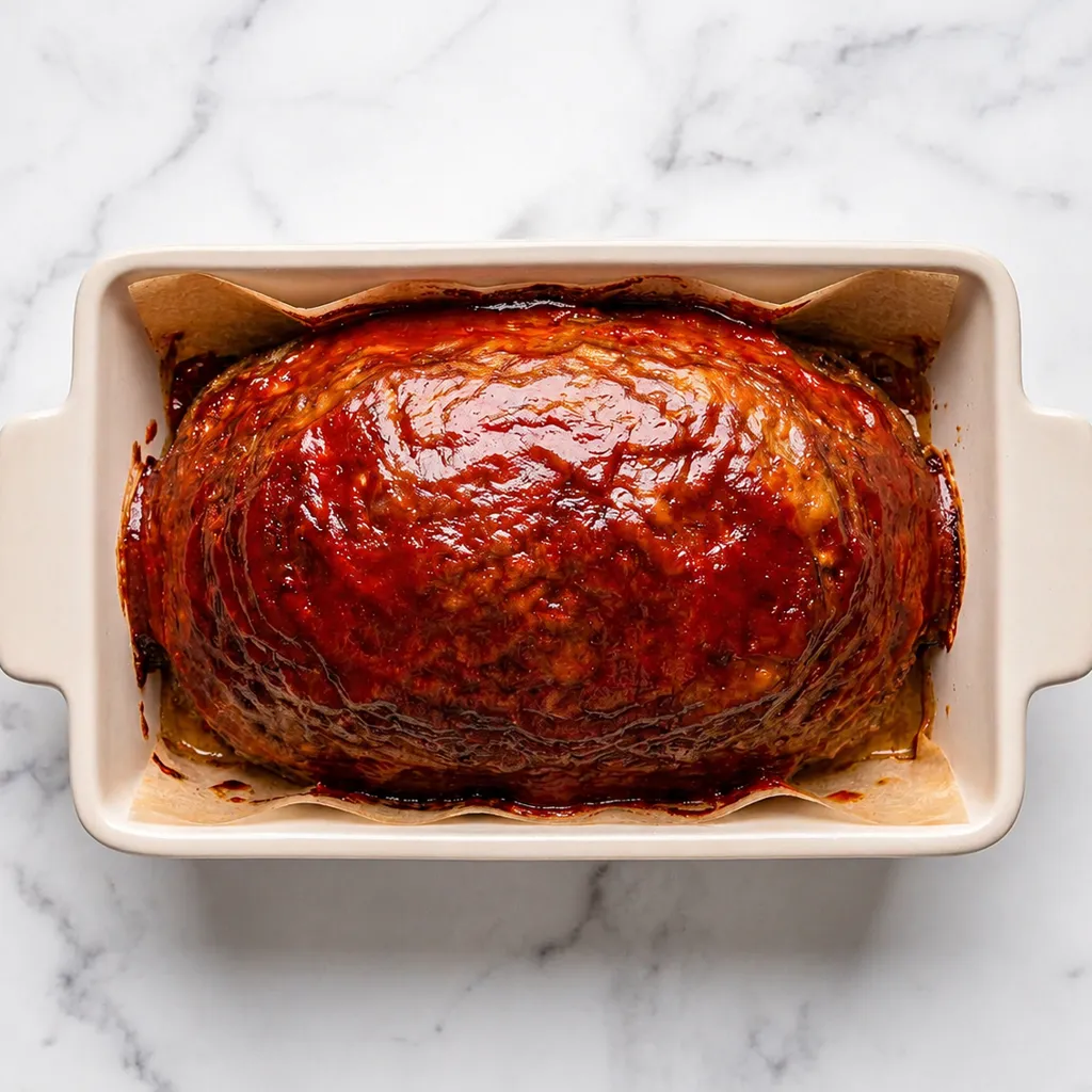 A fully baked onion soup mix meatloaf, covered in a bubbling, caramelized tomato glaze, resting in a white rectangular baking dish lined with parchment paper on a marble tabletop.