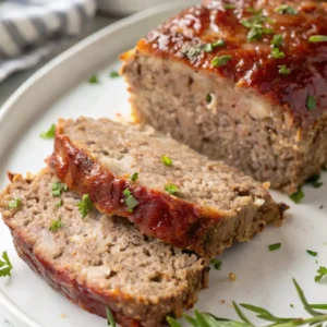 This image showcases a traditional meatloaf recipe baked to perfection. Served on a white plate garnished with parsley