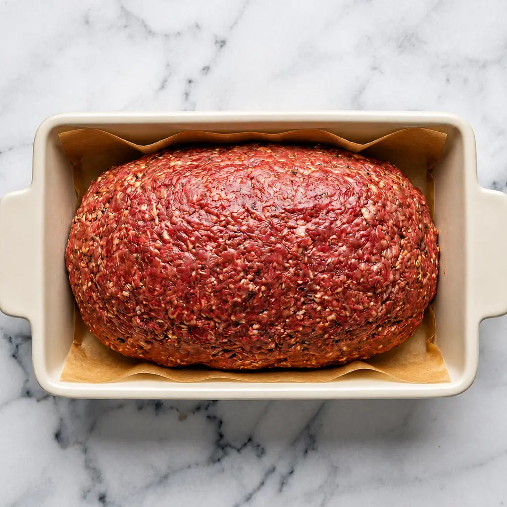 Raw meatloaf seasoned with onion soup mix, shaped into a loaf and placed in a parchment-lined ceramic baking dish on a marble counter, ready for the oven.