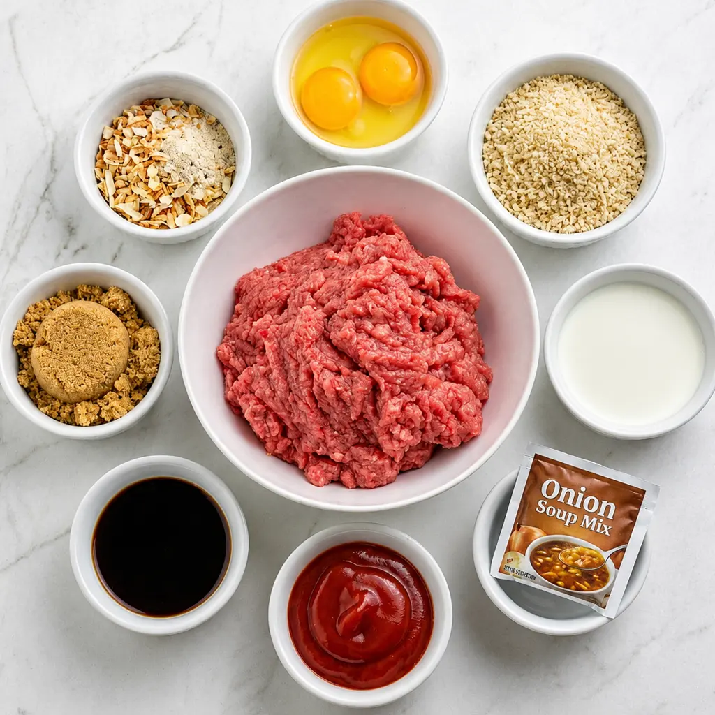 Ingredients for Meatloaf Recipe with Onion Soup Mix arranged in bowls on a marble counter, including ground beef, eggs, breadcrumbs, milk, brown sugar, ketchup, Worcestershire sauce, and seasonings.