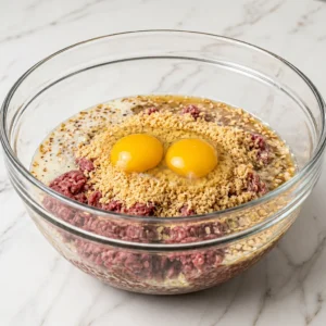 Ingredients for meatloaf with onion soup mix combined in a large glass bowl, featuring raw ground beef topped with breadcrumbs, milk, and two whole egg yolks.