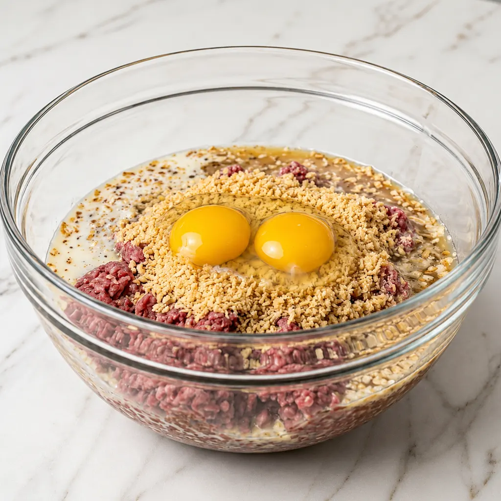Ingredients for meatloaf with onion soup mix combined in a large glass bowl, featuring raw ground beef topped with breadcrumbs, milk, and two whole egg yolks.