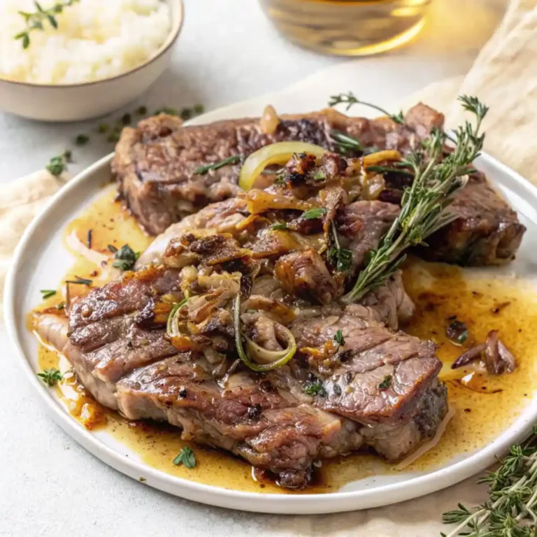 Cooking Lamb Shoulder Chops, topped with fried onions and herbs, served with mashed potatoes. The cutlets are covered with a rich golden sauce and garnished with fresh thyme or rosemary sprigs.
