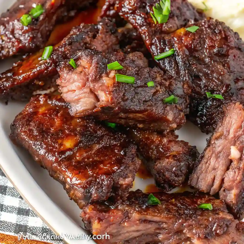 Close-up of juicy, tender country-style beef ribs with a caramelized, smoky crust, garnished with fresh chopped chives and served on a white plate."