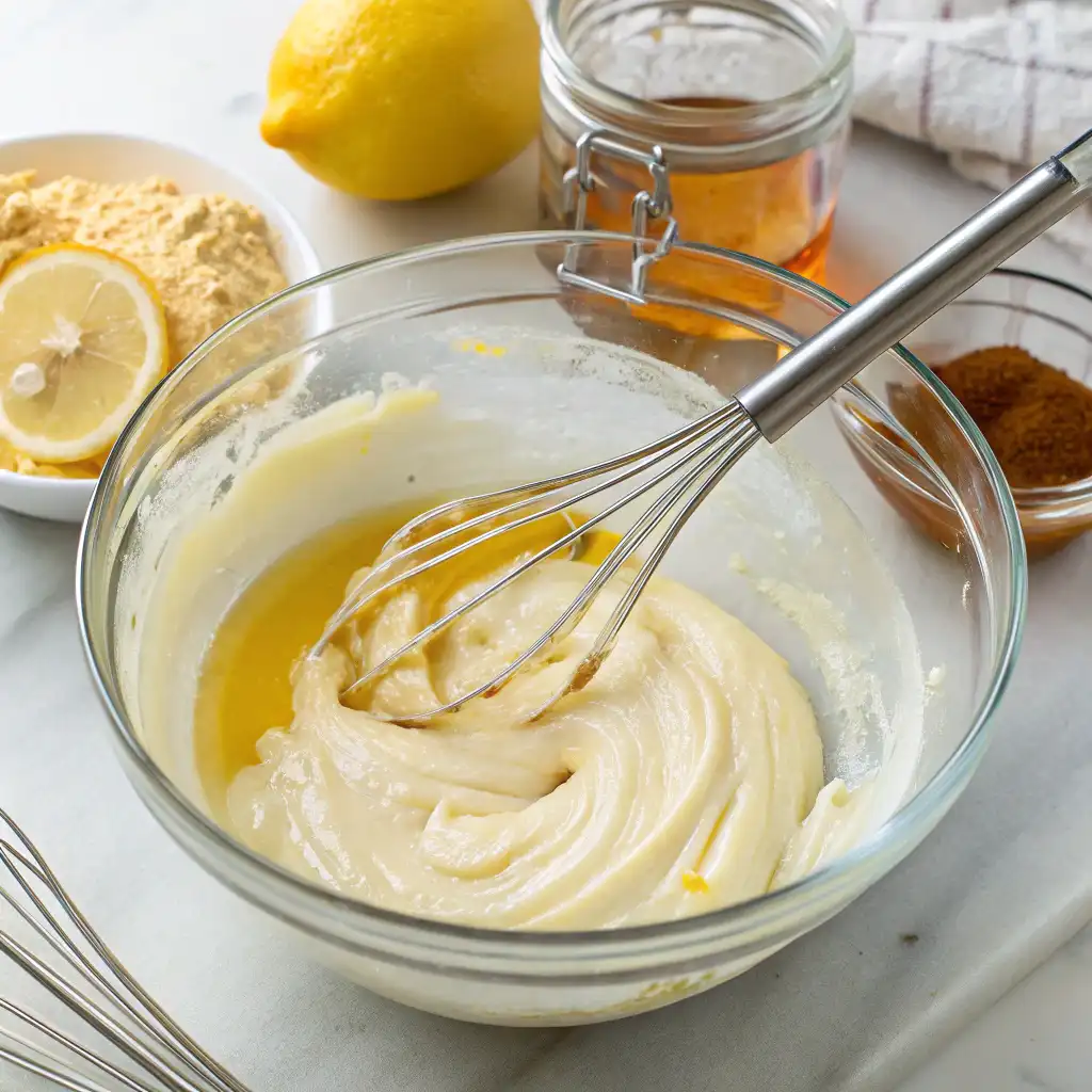 A photo of a glass bowl on a white marble surface with a whisk stirring a mixture of mayonnaise and honey.