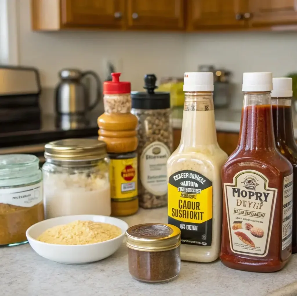 Front view of various bottles and containers of condiments on a kitchen counter. The contents are mayonnaise, ketchup, honey mustard, and barbecue sauce.