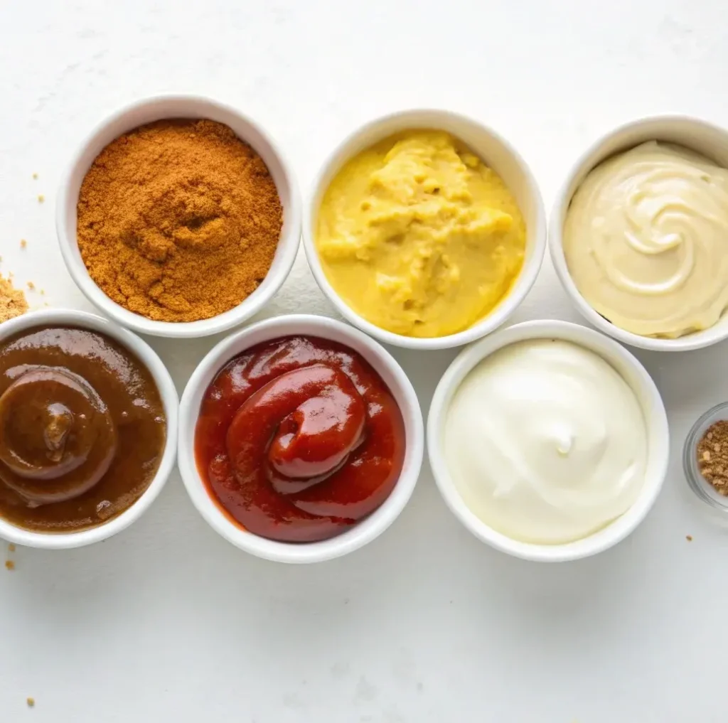 Front view of various condiments on a kitchen counter. The contents are mayonnaise, ketchup, honey mustard, and barbecue sauce.