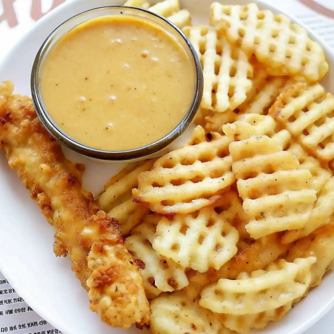 white plate holding a fried chicken tender and a pile of waffle fries. A clear glass bowl of a creamy, light orange Chick Fil A Sauce Recipe dipping sauce sits in the center, next to the food.