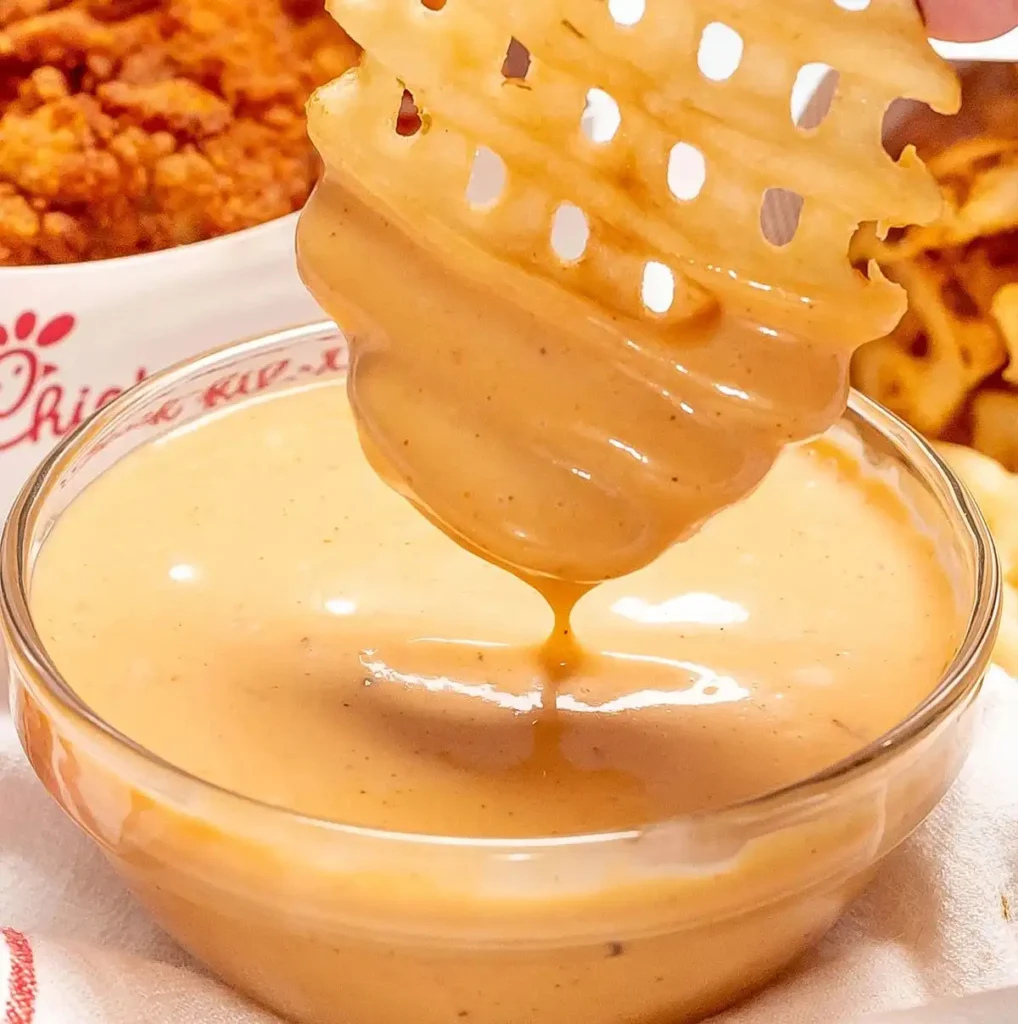 Chick-fil-A waffle fry being dipped into a small glass bowl of creamy, light orange sauce. The sauce, which is thick and smooth, clings to the fry as it's lifted,