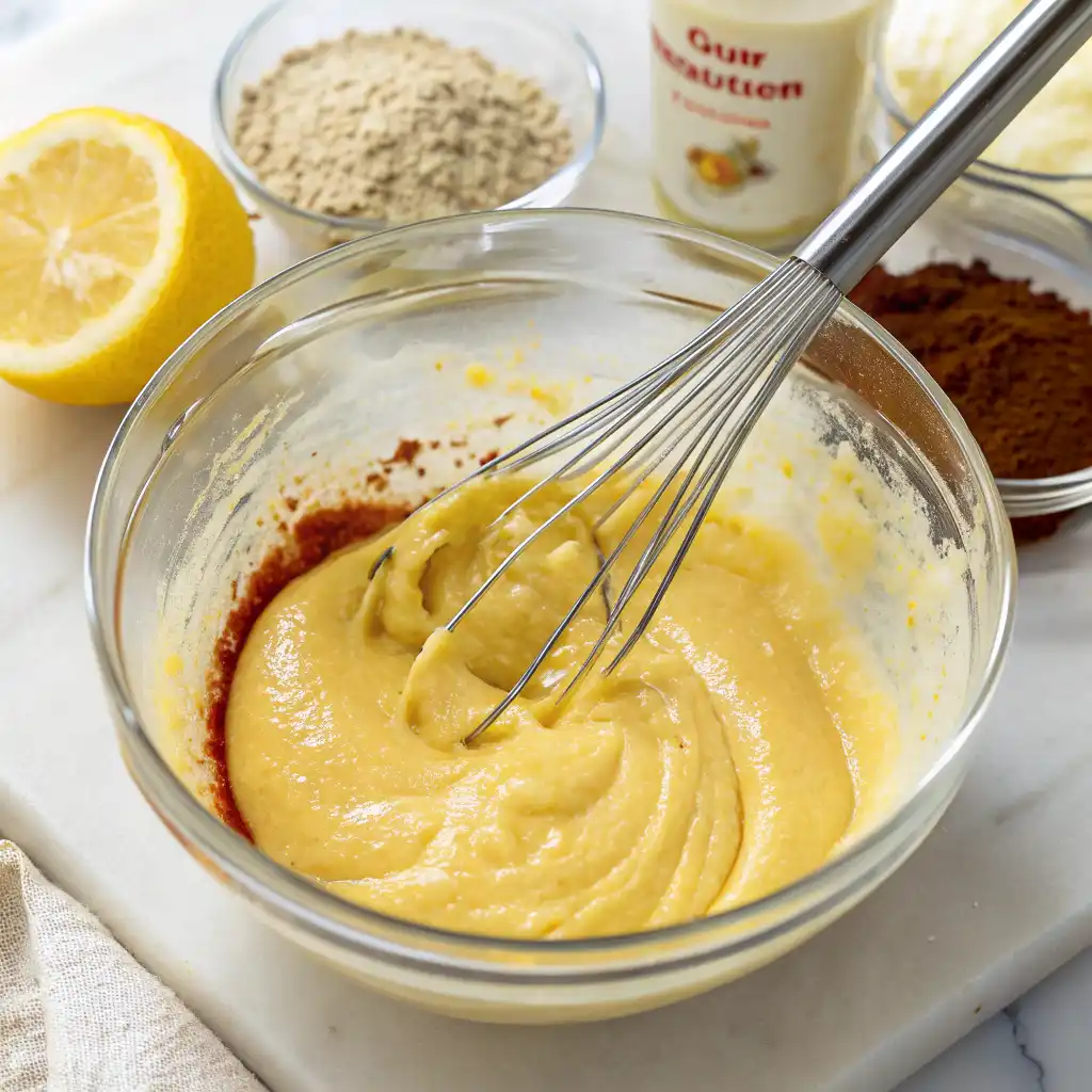 Transparent glass bowl on a white marble surface Whisk mixing
mayonnaise, honey, mustard, barbecue sauce, and garlic powder