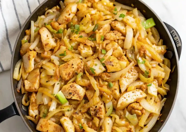 Final form of the chicken and cabbage recipes A mixture of seasoned chicken and cabbage in a serving pan