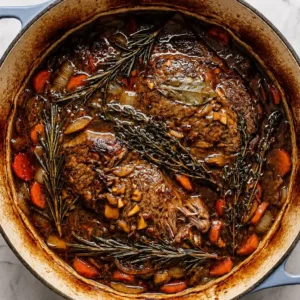 Cooking Lamb Shoulder Chops in One Pot tender in a rich dark gravy with carrots, onions, fresh rosemary, thyme, and bay leaves inside a Dutch oven.