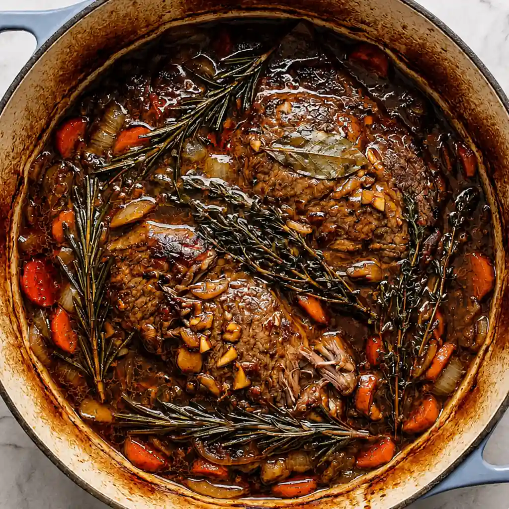 Cooking Lamb Shoulder Chops in One Pot tender in a rich dark gravy with carrots, onions, fresh rosemary, thyme, and bay leaves inside a Dutch oven.